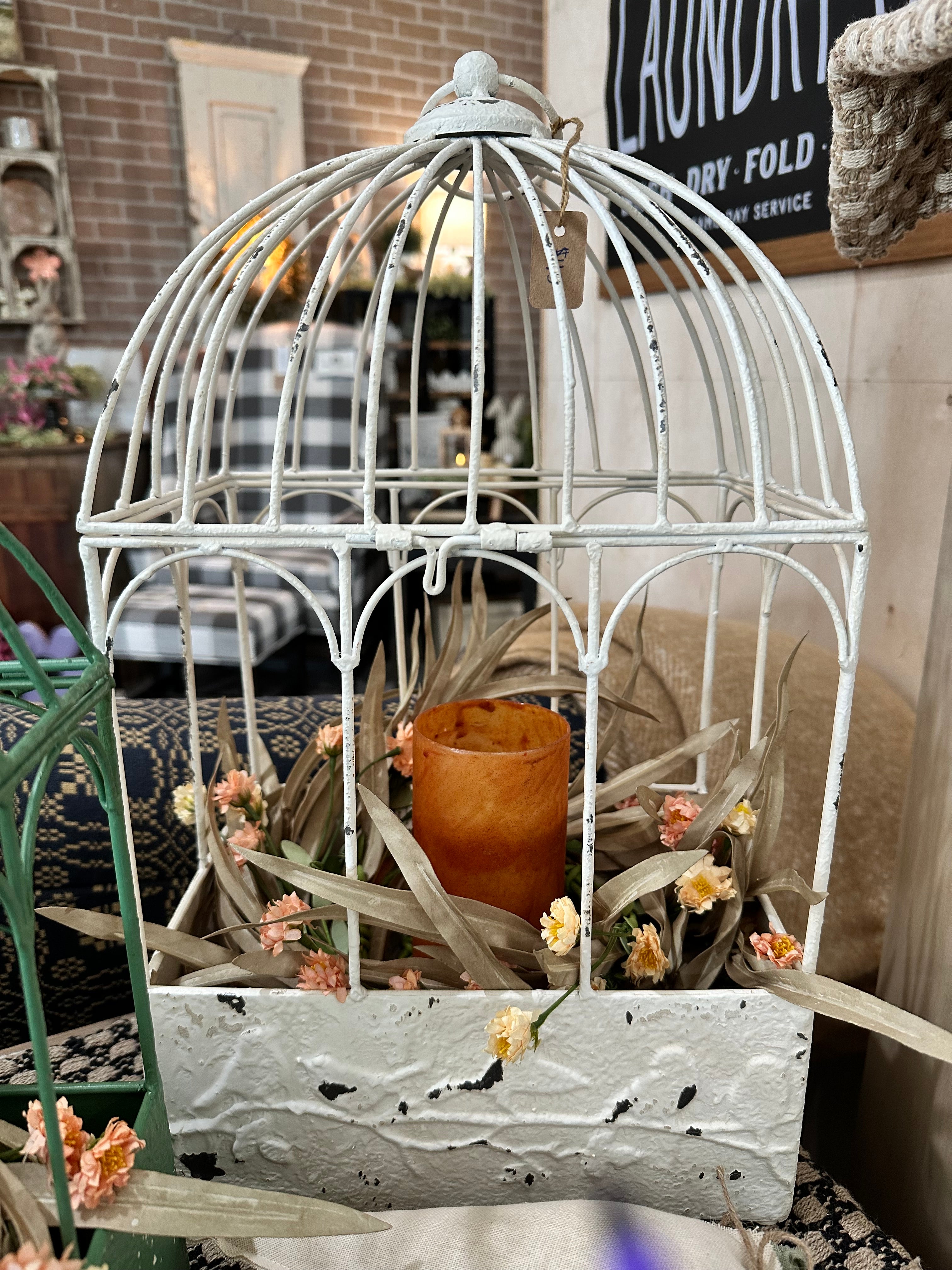 Distressed White Metal Bird Cage