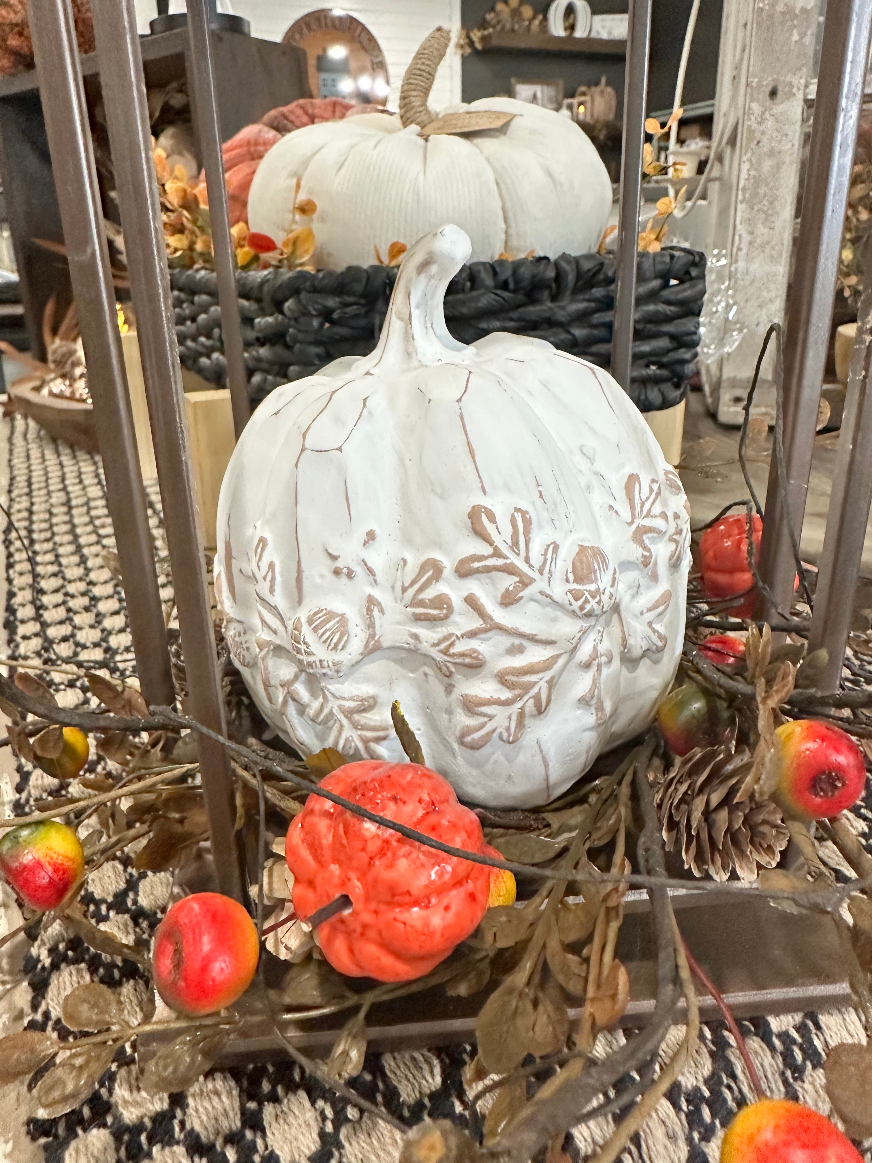 Leaf Engraved White Resin Pumpkin