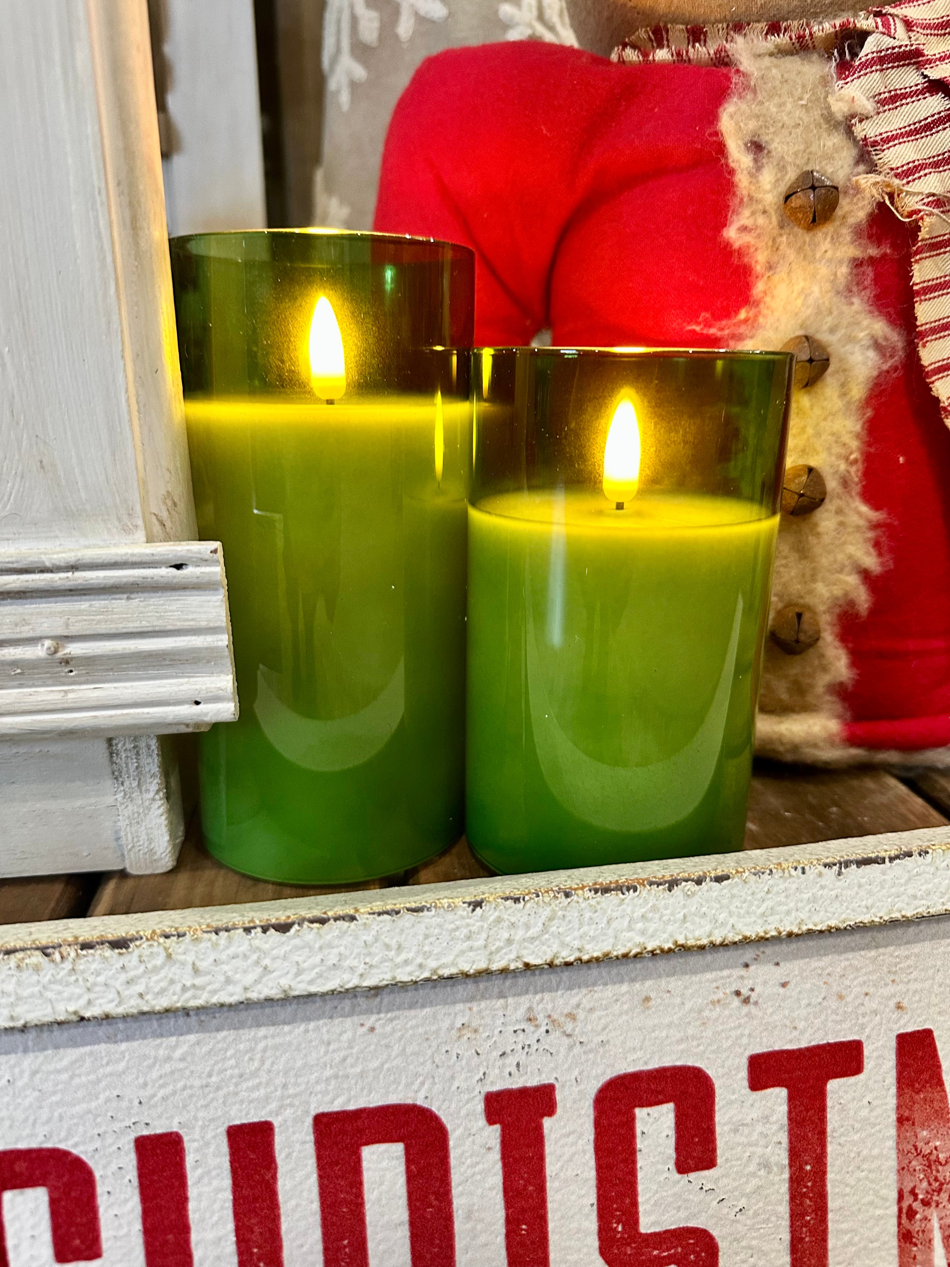 Pine Green Glass 3D Flame LED Candle