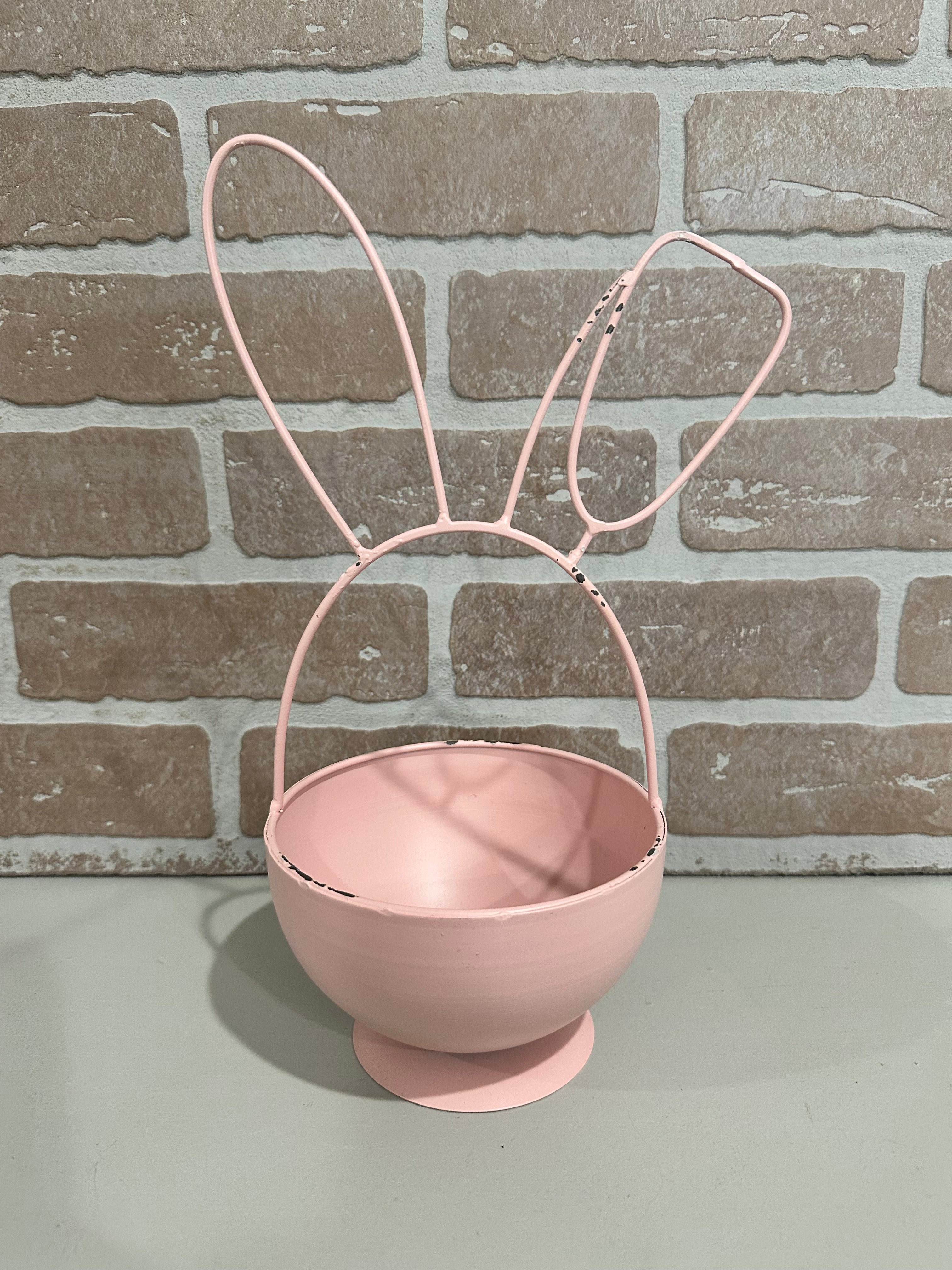 Distressed Metal Bunny Bowl Pink