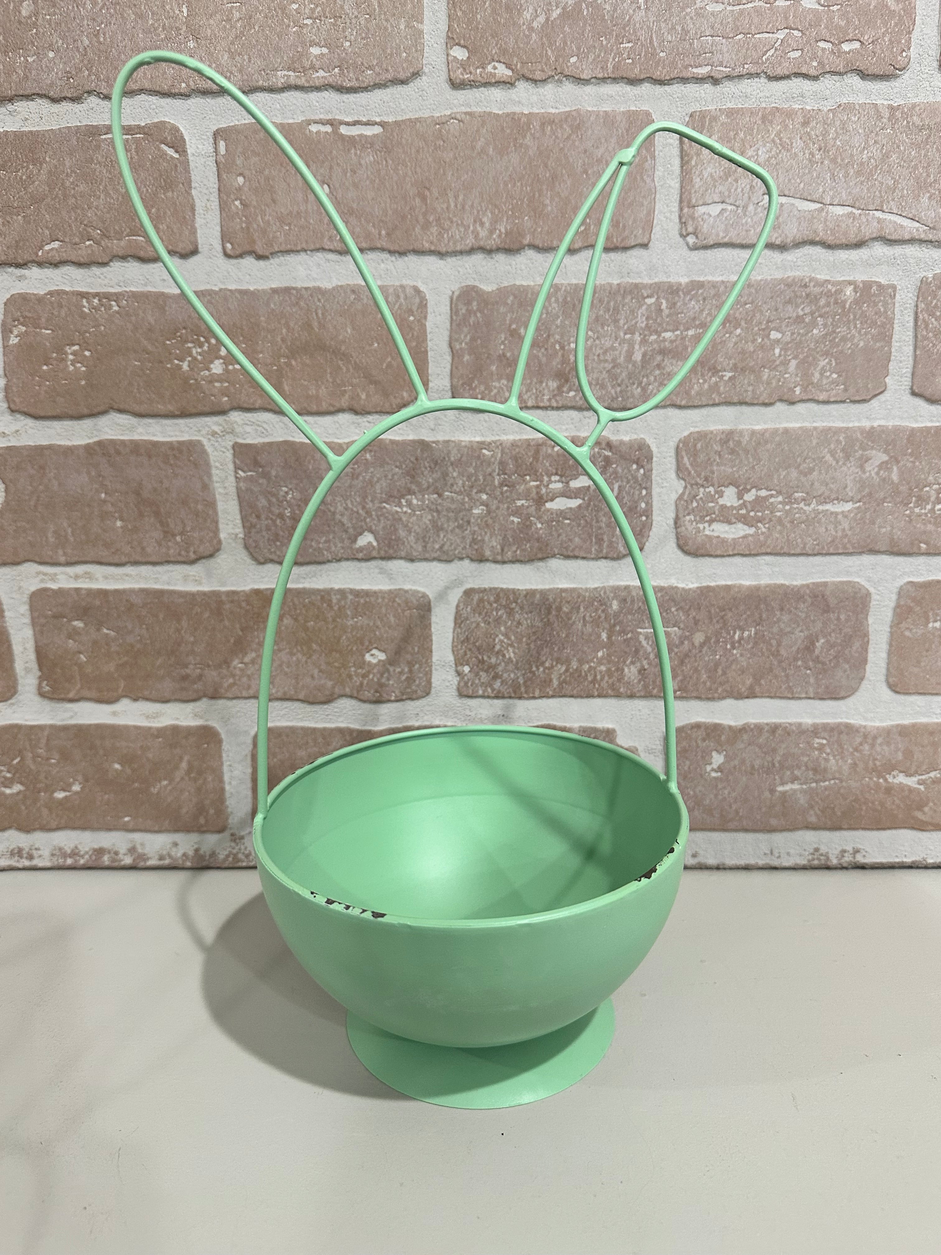 Distressed Metal Bunny Egg Bowl Mint Green