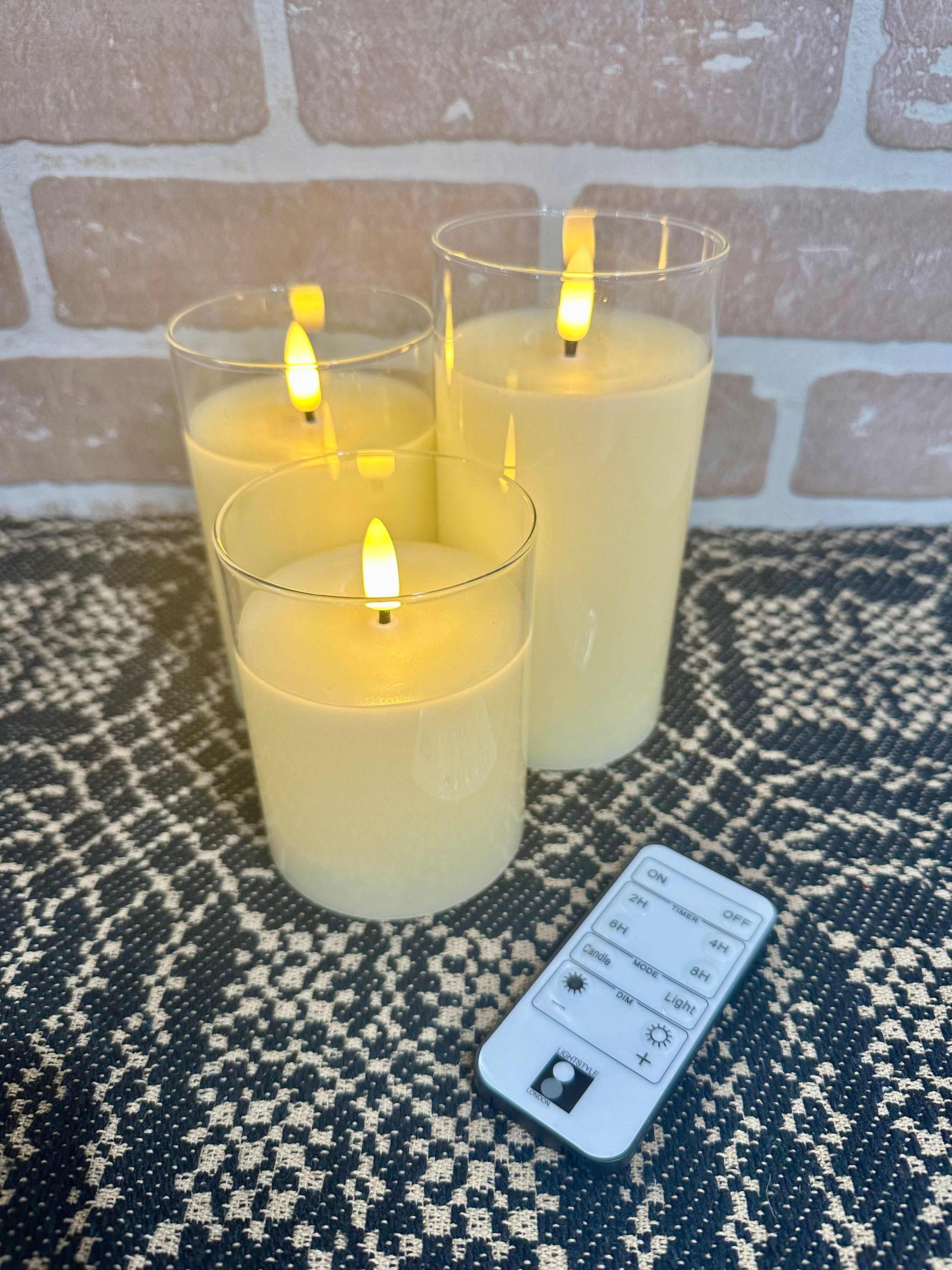 Set of 3 Cream Glass LED Flame Candles