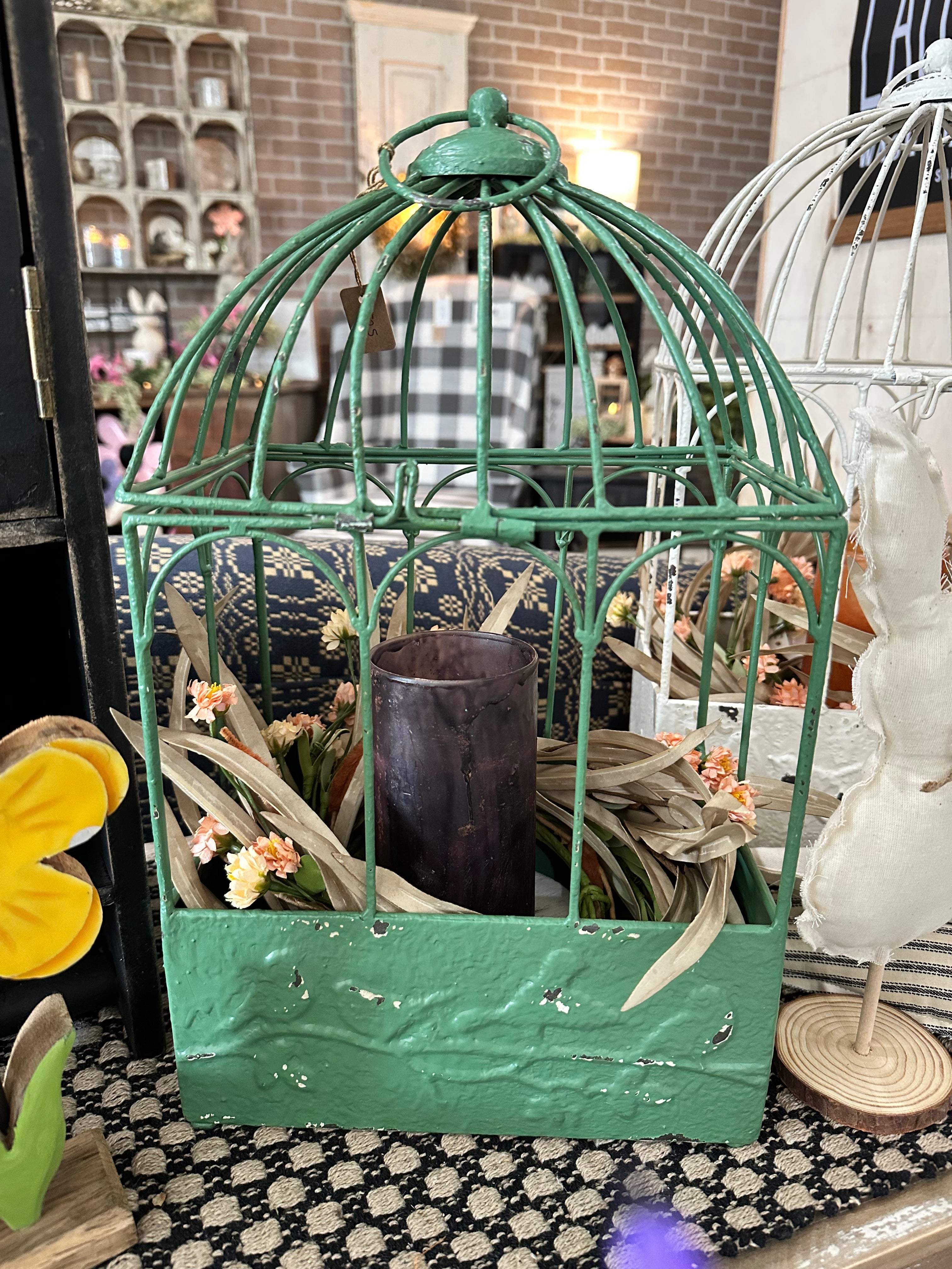 Distressed Green Metal Bird Cage