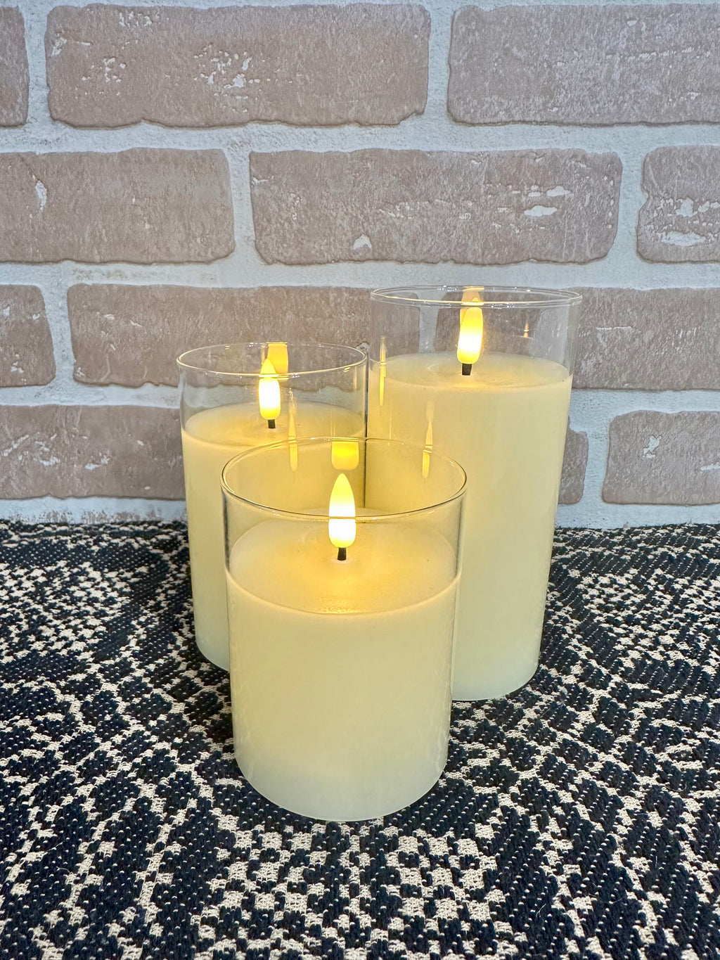Set of 3 Cream Glass LED Flame Candles