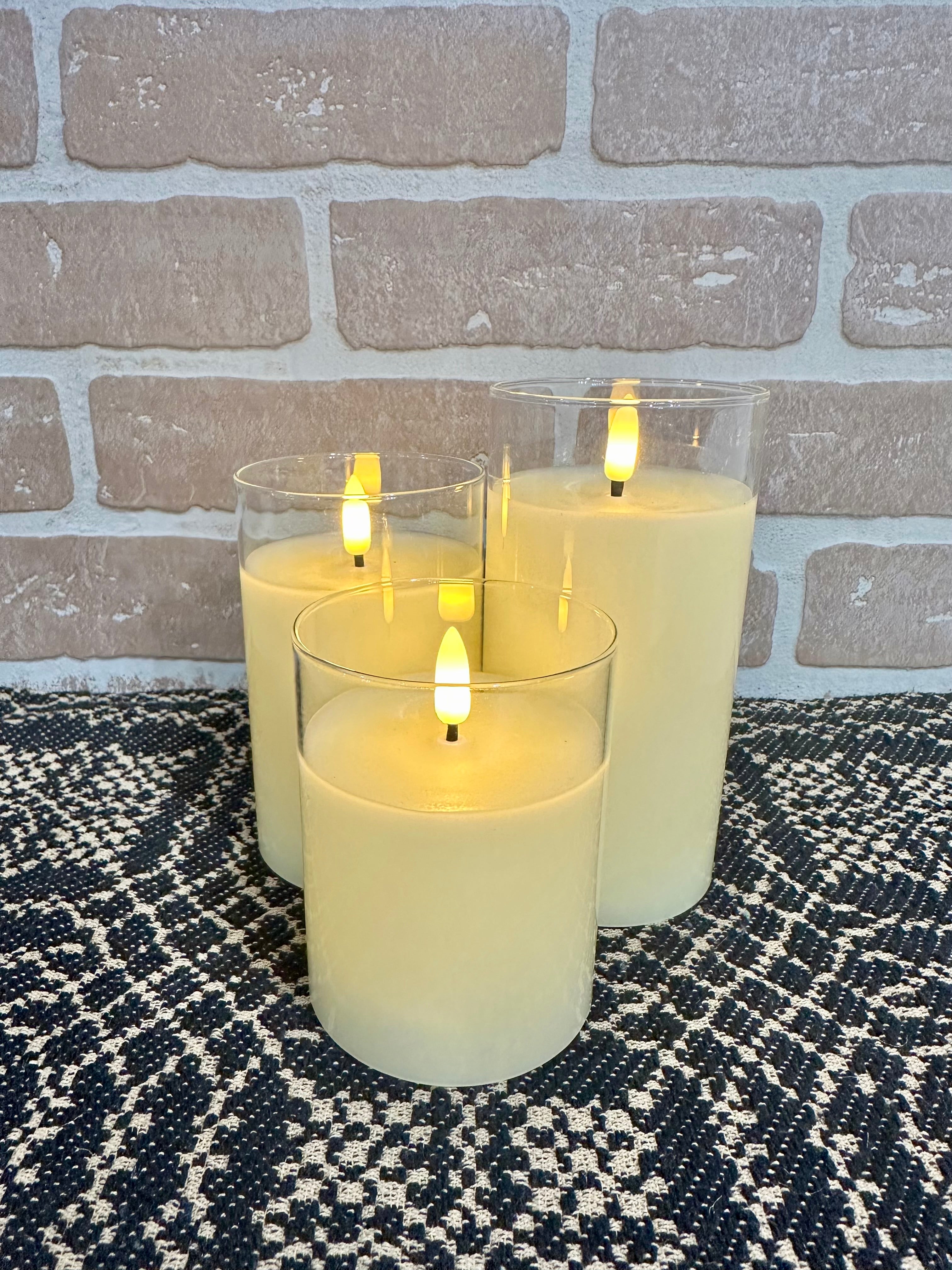 Set of 3 Cream Glass LED Flame Candles