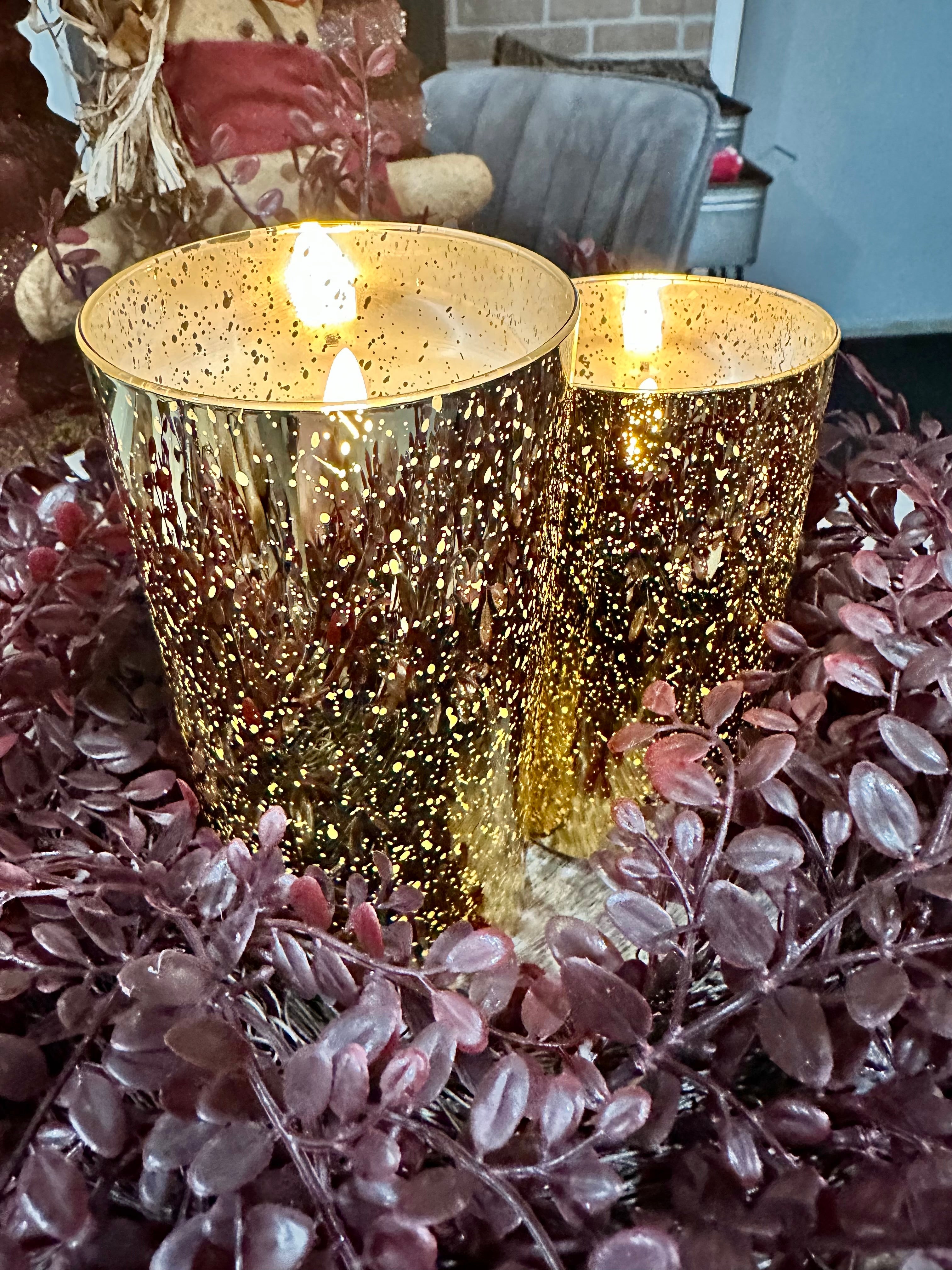 Gold Crackle Glass 3D Flame LED Candle
